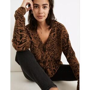 Madewell Tigerized Cameron Ribbed Cardigan Sweater XS Coziest Yarn Animal Print